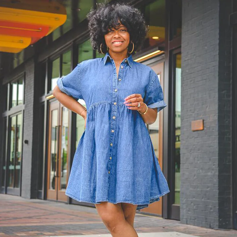 Plus Size Blue Denim Dr Street Sle ort Sve Wollmischung Farbe Damen Fat Ladies Faion Herbstkollektion