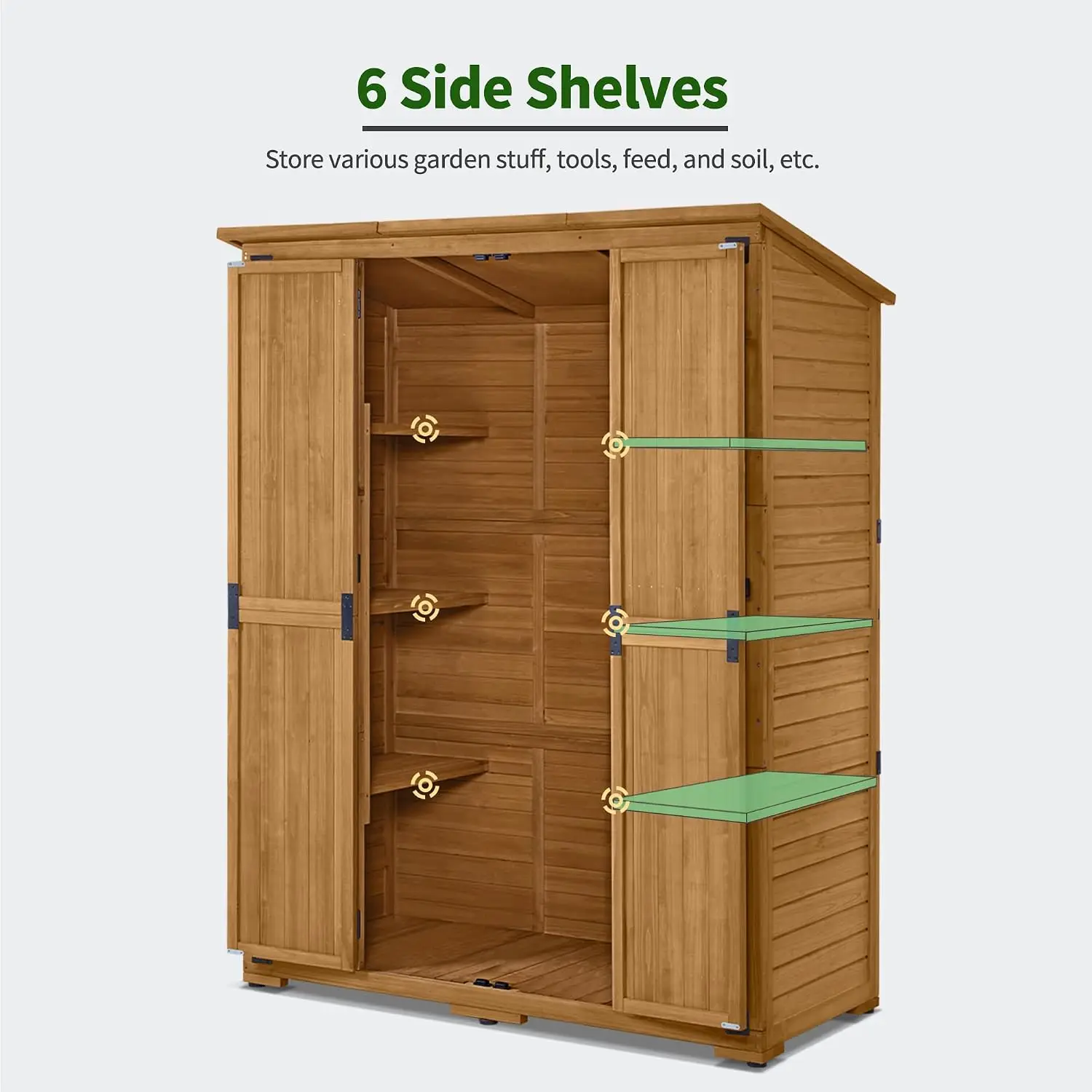 Outdoor Storage Cabinet with Shelves, Wooden Shed, Garden Tool Organizer, Weatherproof, Natural Finish, Customized - view 4