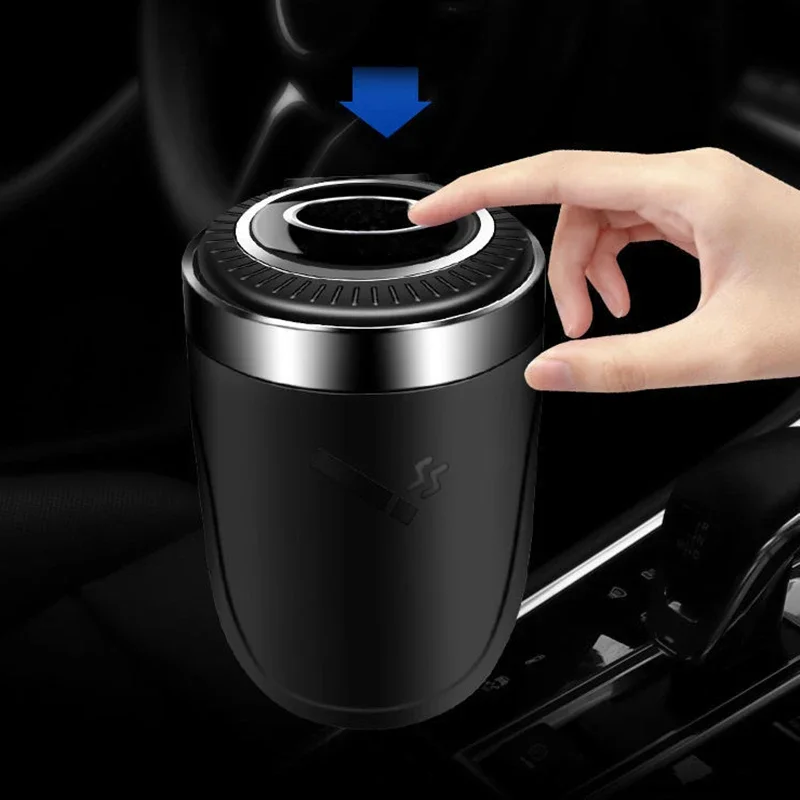 1 Pc Black Car Ashtray with Metal Liner Universal One-button Open Cover Storage Bucket with LED Light Decorative Accessories