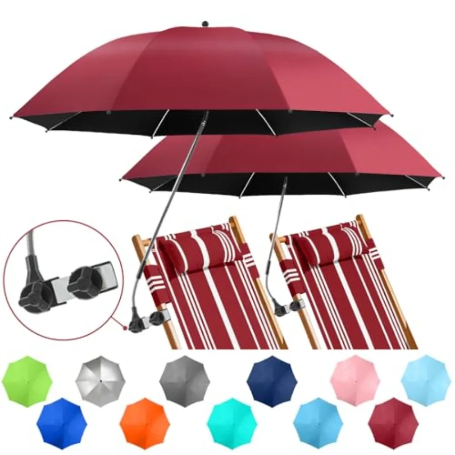 

2 PACK Beach Umbrella with Clamp, 360 ° Adjustable Umbrellas for Chair, UPF50+ Umbrella for Beach Chair, Patio Chair, Wheelchai