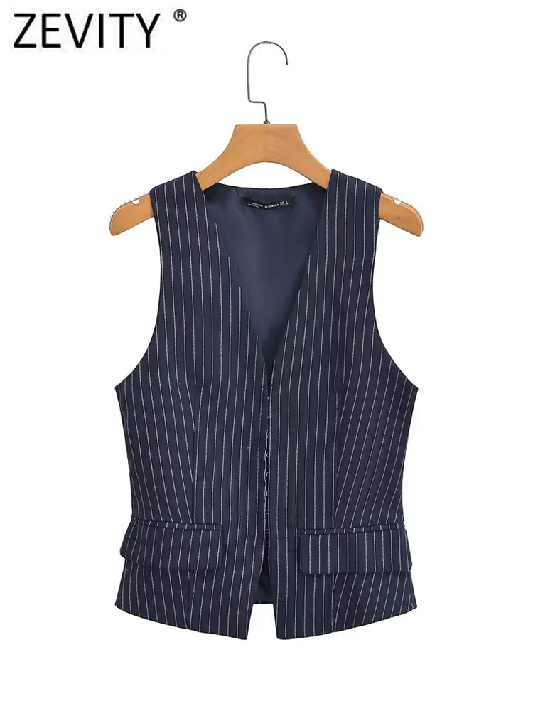 Zevity Women Fashion V Neck Striped Print Slim Vest Jacket Office Ladies Sleeveless Single Buckle Business WaistCoat Tops CT3825