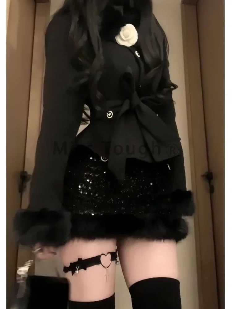 France Vintage Chic Winter Black 2-piece Sets Women Party Long Sleeve Slim Lace Up Coat + Paillette High Waist Skirt Suit 2025