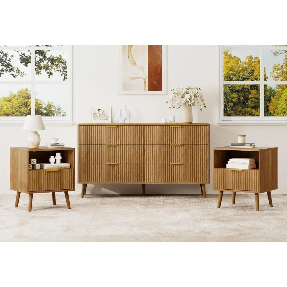 

Комод из натурального дуба и тумбочка для спальни, современный комплект мебели для спальни из 3 предметов с рифленой панелью, большой 6-ящик Dre