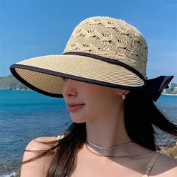 Sombrero de Sol de paja con cola de caballo para mujer, visera de ala ancha, gorra ajustable de verano, sombreros plegables para playa