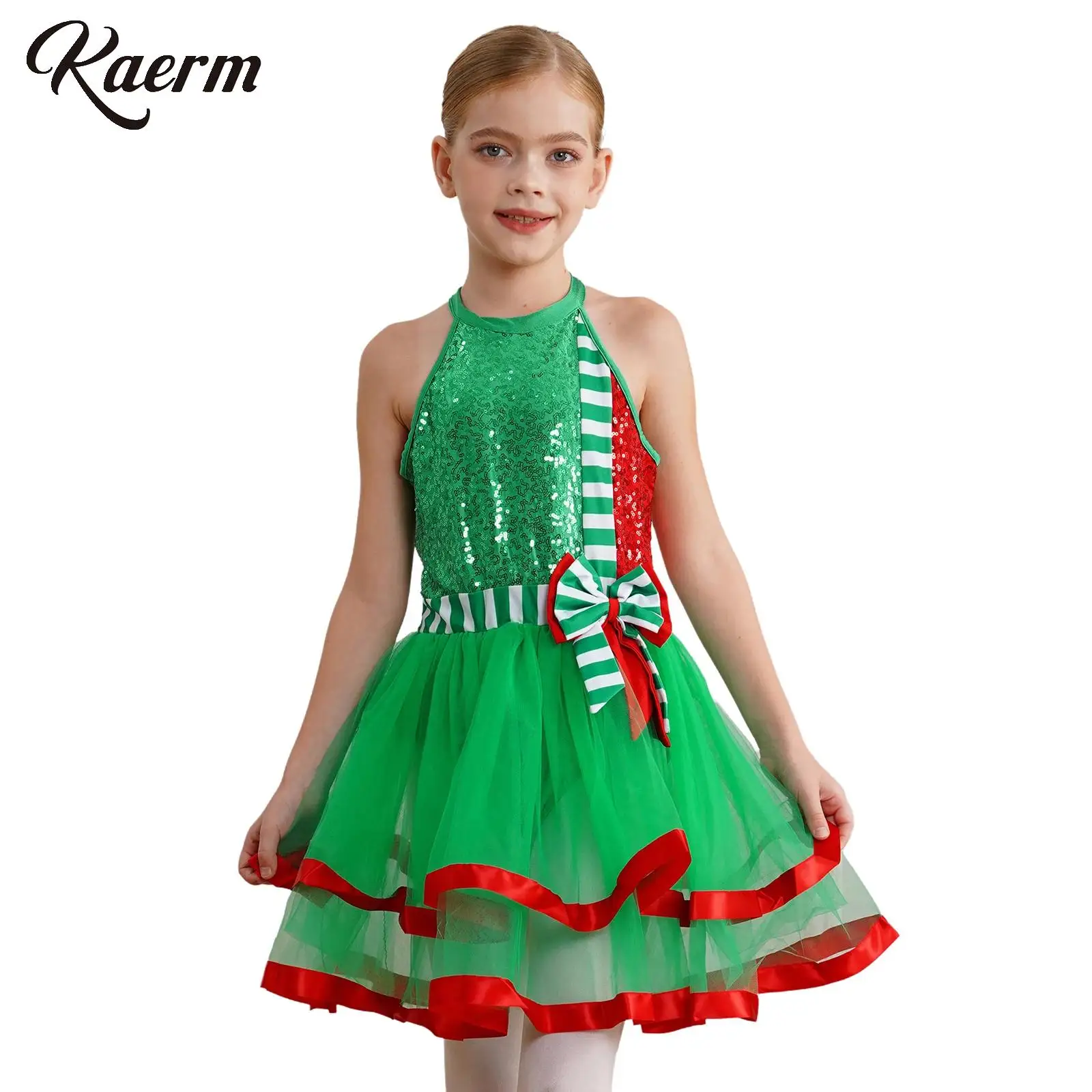 Kids Girls Christmas Party Costume Sleeveless Hollow Back Sequin And Mesh Patchwork Ribbon Trim Striped Bow Leotard Tutu Dress