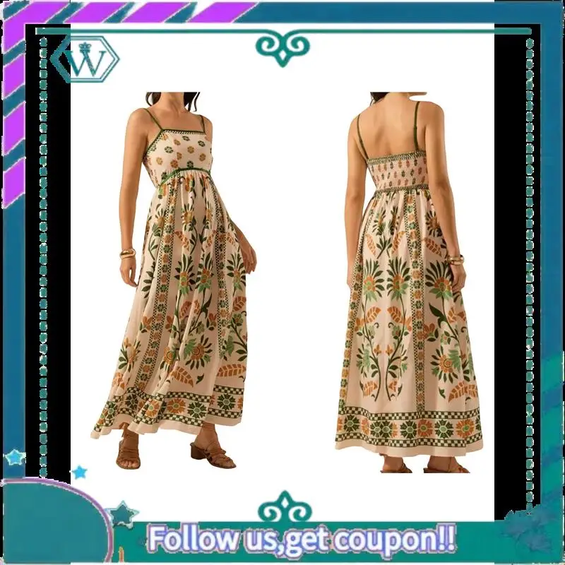 A09P Womens 2025 Summer Floral Maxi Dress Sleeveless Spaghetti Strap Printed Smocked Boho Beach Long Dress