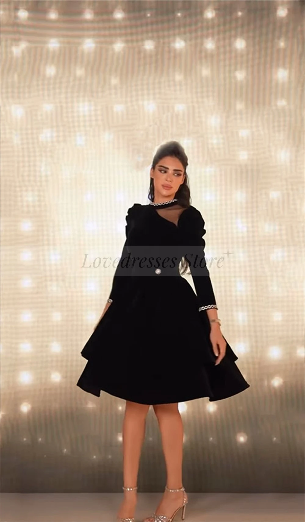 Vestido de fiesta elegante hasta la rodilla, manga tres cuartos, cuello alto personalizado, corte en A, drapeado, encaje, terciopelo, noche sencilla