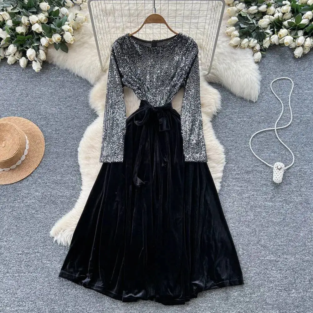 أنيقة خمر الترتر القطيفة طويلة الأكمام أنيقة الجنية الكورية أزياء الخريف فستان الشمس النساء الملابس