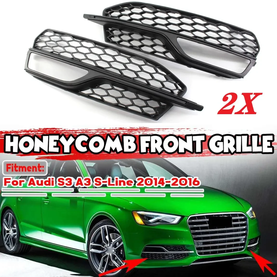 A Pair Car Front Bumper Fog Light Grille Grill Honeycomb Mesh Lamp Cover For Audi S3 A3 S-Lines 2014-2016 8V3807681 8V3807682