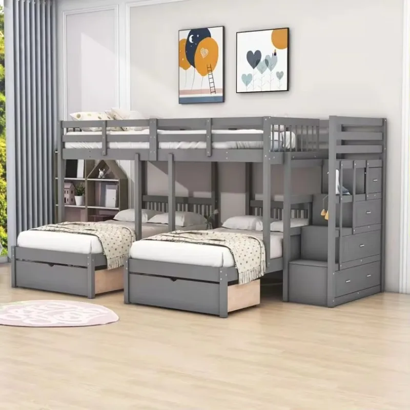 

Modern Pine Panel Double Bunk Bed Full Bunk Bed 3 Drawer Shelf Size Queen/Double Children's School Hotel