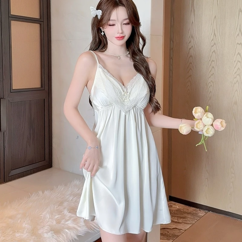 

Women'S Sleepwear, Silk Camisole Nightdress, Desire Lace V Tie And Chest Pad, High-End Luxury Loungewear