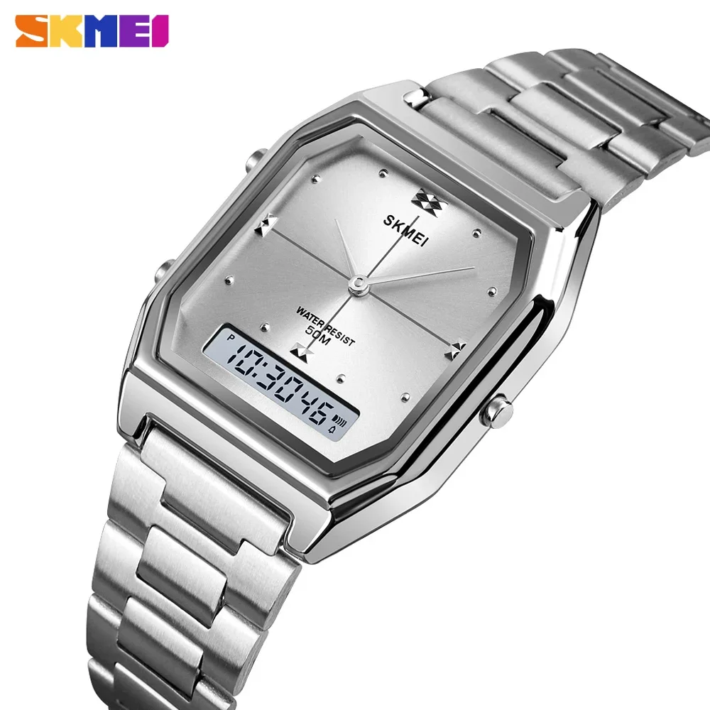 SKMEI Luxury Quartz Watch for Woman Square Steel Waterproof Double Time Sport Leisure Digital Girl Wristwatches Women Clock 1612