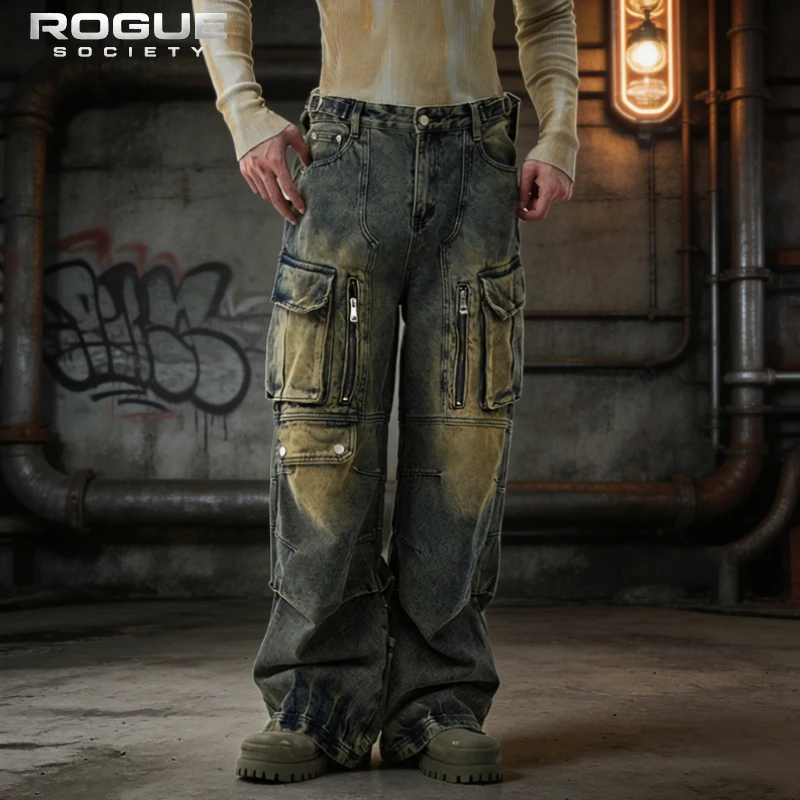 

Korean Luxury Casual Unisex Washed Cargo Jeans Men Y2K Streetwear Multi Pocket Zip Wide Leg Denim Pants Harajuku Summer Trousers