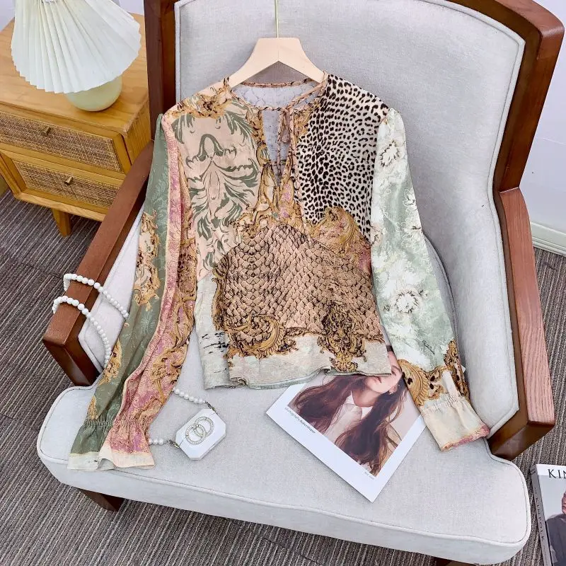 

Loose Long Sve Leopard Print Oil Painting Patterned irt French Sle Women's Casual Faion Polyester Fabric V-Ne