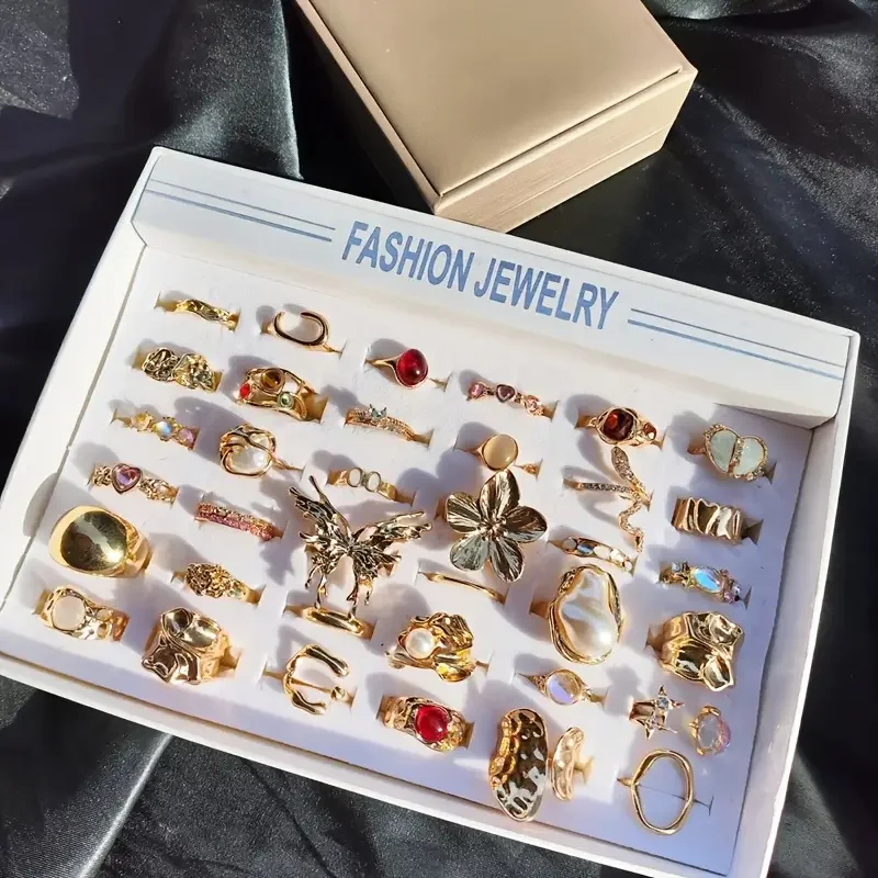 10/20/30Pieces Fashion Imitation Pearl Flower Open Rings Set For Women Mix Style Colorful Rhinestone Finger Jewelry image 2