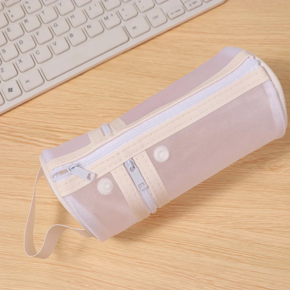 Simple Makeup Brushes Storage Bag Large Capacity Vertical Mesh Pen Holder Bag Solid Color Portable Stationery Storage Organizer