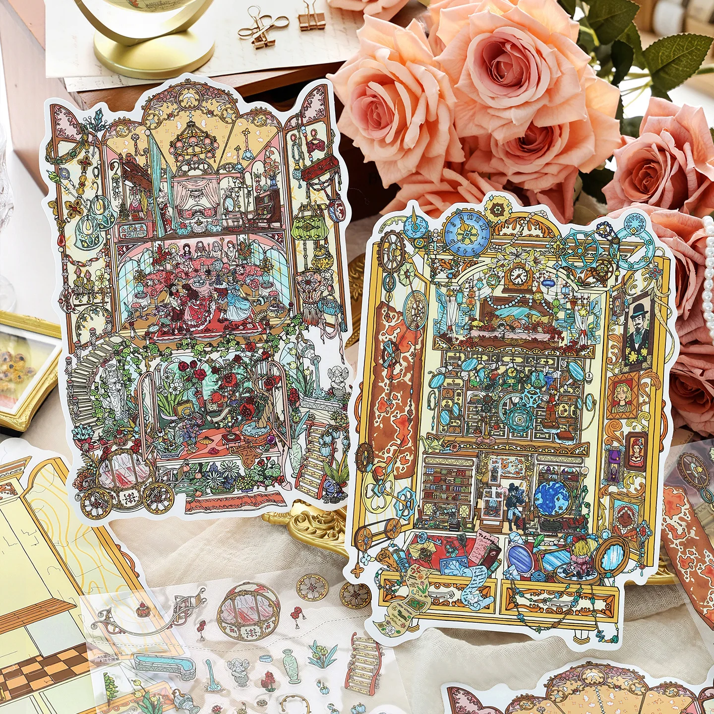 Gorgeous Retro Victorian Palace Steampunk Mansion Layering Scene Stickers Ornate Luxury Interior Cut‑out Stickers DIY Scrapbooki