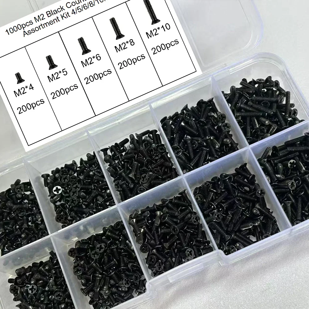 1000-piece M2 Black Flathead Phillips Screw Sorting Kit (4/5/6/8/10mm) for Computers, Tablets, Appliances, Toys, and Accessories