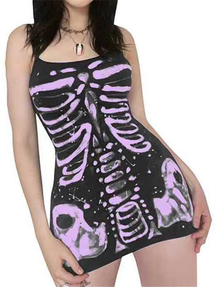 فستان نسائي بحمالات على شكل جمجمة وحزام سباغيتي بدون أكمام فستان قصير لحفلات الهالوين القوطية Y2K #3
