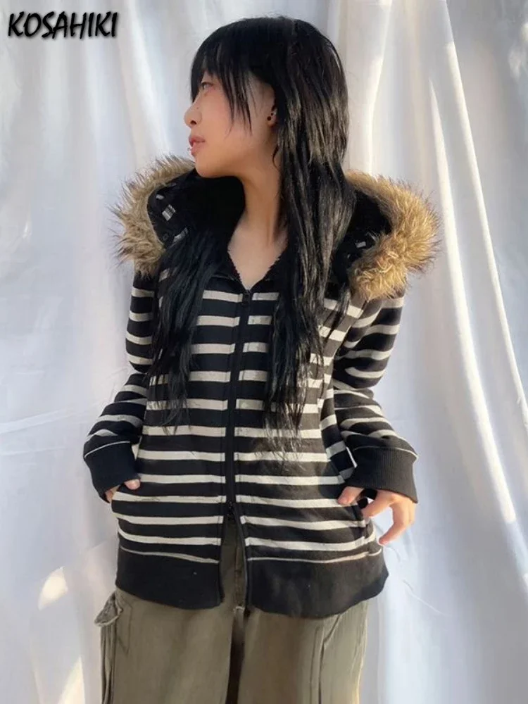 Japanese Contrast Color Stripe Y2k Hoodies Women Fur Patchwork Casual Loose Hooded Grunge Double Zipper Sweatshirts Hoody Jacket