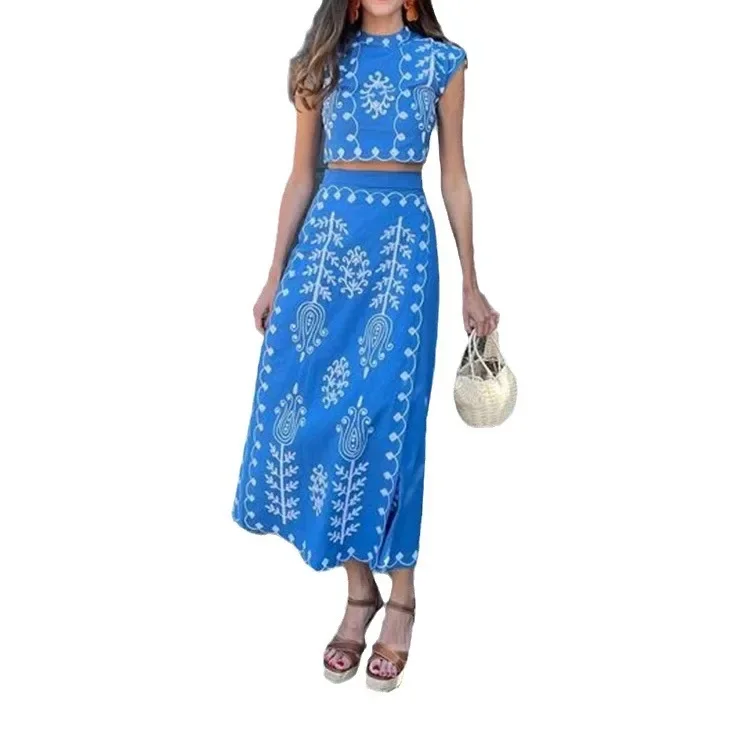 Print Holiday Stylish 2-piece Set Womens Outifits Spring and Summer Sleeveless O-neck Tops and Long Dress Elegant Matching Sets