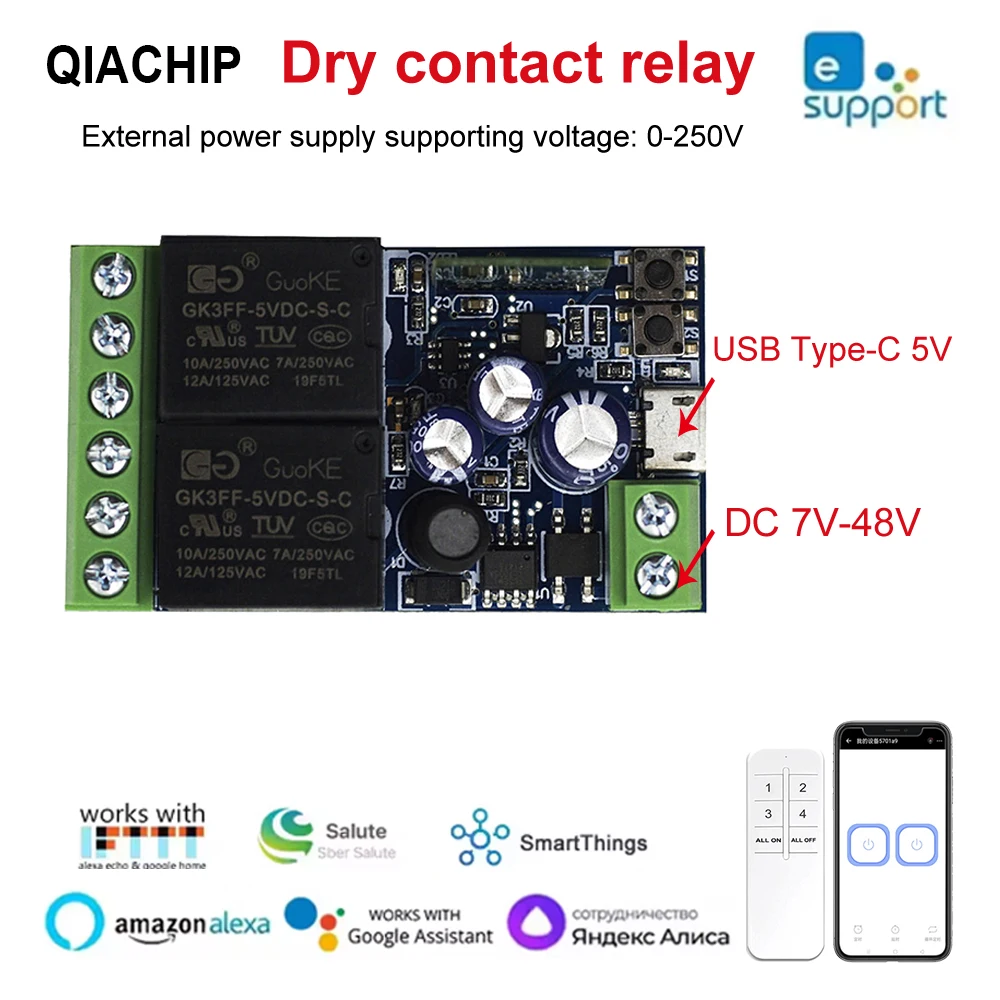 

QIACHIP Dry Contact WIFI Smart Switch DC7V-48V USB5V 2CH Relay EWelink Receiver Remote Control Work with Alexa Google Home