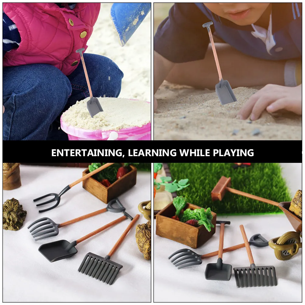 

1Set Mini Farm Tools Set Plastic Miniature Garden Spade Rake for Dollhouse Scene Layout Realistic Mini House Decoration