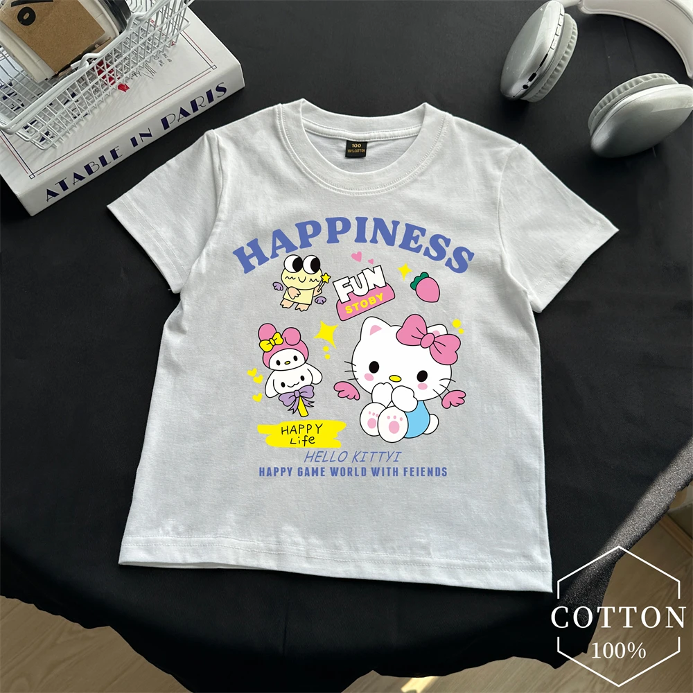 

Hello Kitty Children pure cotton T-shirt Y2k Kawaii Sanrio Anime Shirts Kuromi Melody Cartoons Casual Clothes Kid Girl Boy Top