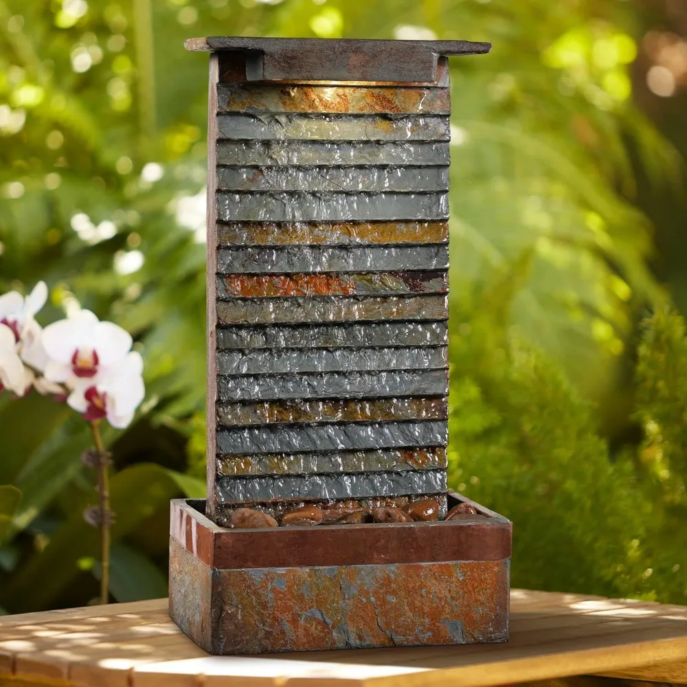 

Stave 19" High Small Rustic Zen Indoor Outdoor Decor Slate Stone Tabletop Fountain with Light LED Waterfall Water Feature