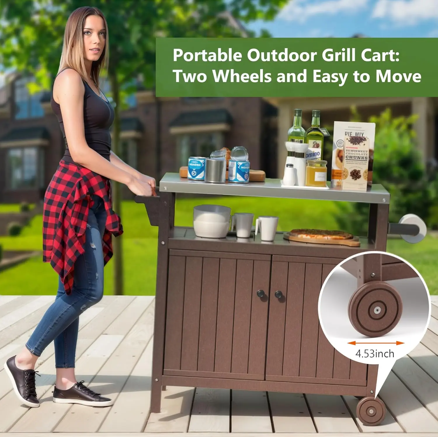 Portable Outdoor Grill Prep Table with Storage, Waterproof Outdoor Grill Cabinet, Stainless-Steel Tabletop