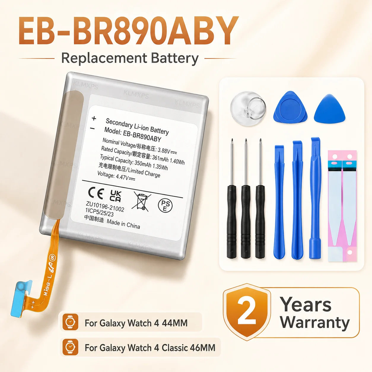 EB-BR890ABY 350mAh Battery for Samsung Galaxy Watch 4 44mm SM-R870 R875 Classic 46mm R890 R895 with Repair Tools Kit DIY