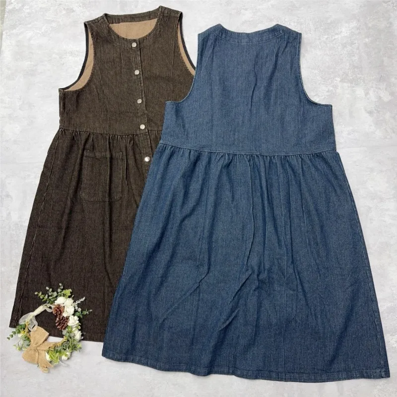 Johnature Cowboy Button-Up Vest Dress Spring Summer New Retro Round Neck Sleeveless Simple Loose Vest Dresses