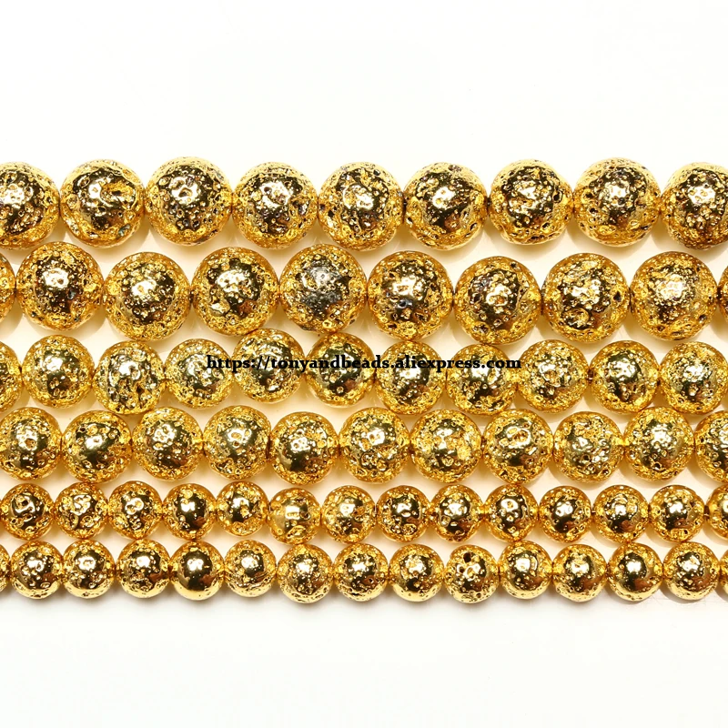 Natural Stone Gold Color Plated Volcano Lava Round Loose Beads 15