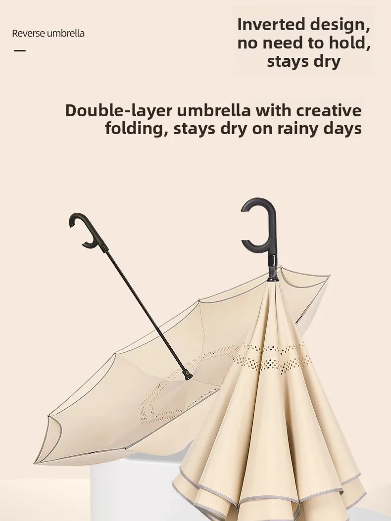 

Автоматический реверсивный зонт с длинной ручкой для автомобиля, со светоотражающей полосой, для использования без рук, двухслойный, из стекловолокна