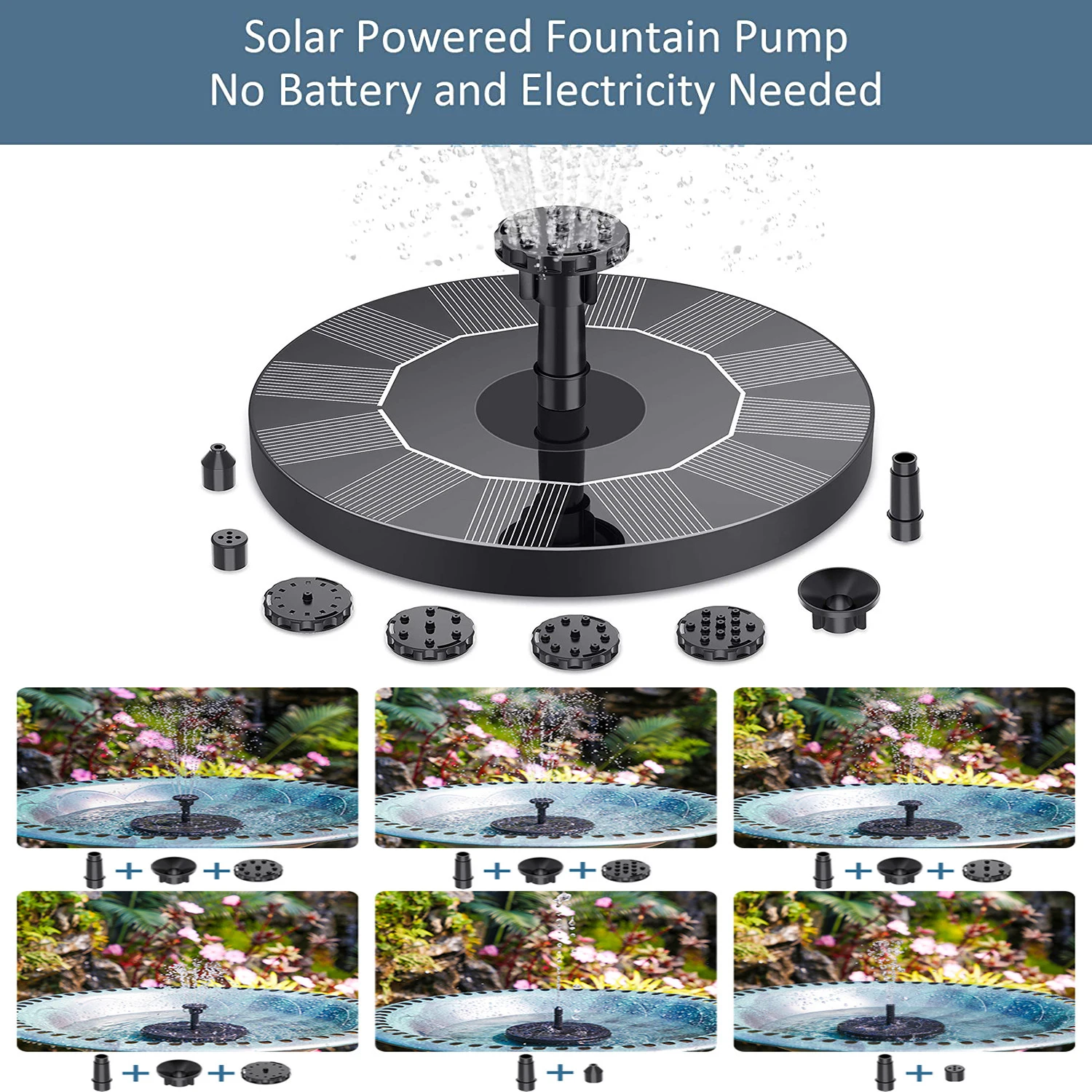 PALONE Solar Fountain Pump, Solar Water Fountain Pump with 6 Nozzles, Solar Powered Fountain Pump for Bird Bath, Ponds, Garden