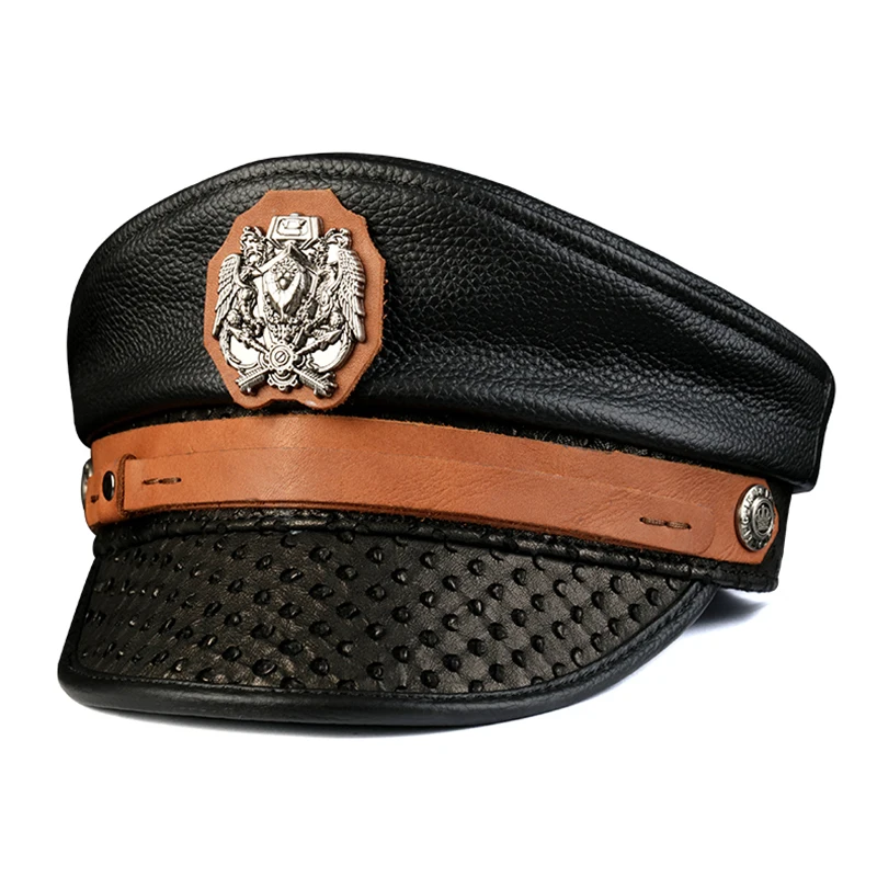 Leather Captain Sailor Caps Men High Quality Cowhide Flat Top Belt Badge European Fashion Cosplay Performance Gorra Military Hat