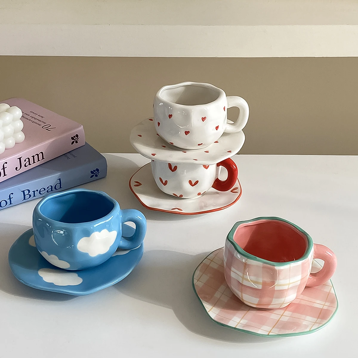 1Pc 280ml Original Design Nordic Style Hand-Painted Ceramic Coffee Cup and Saucer, Multi-Color Plaid, Heart, Blue Sky and White Clouds, Floral Mug, Suitable for Afternoon Tea, Milk Cup and Saucer, Latte Cup, Dessert Plate, Cup and Saucer Set, Great Gift Item