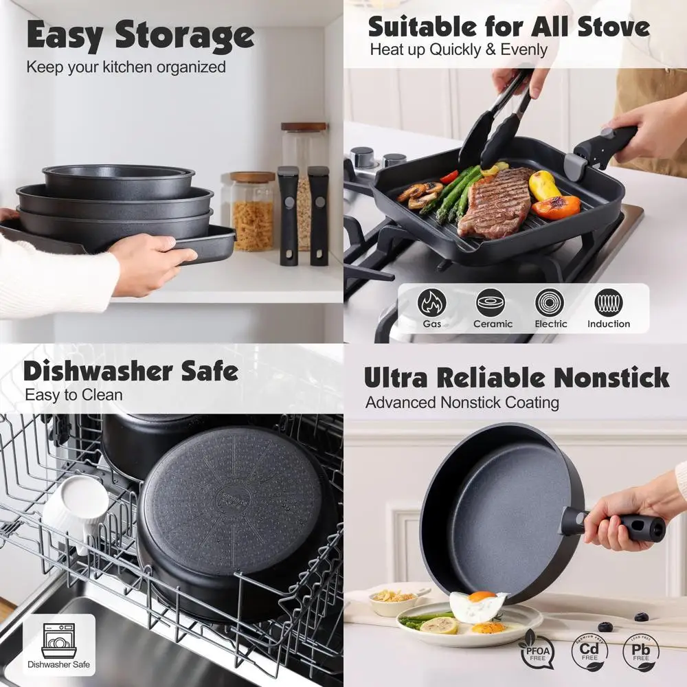 

Набор посуды из 17 предметов, с антипригарным покрытием и съемными ручками, для индукционных плит