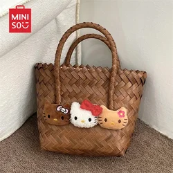 Miniso Black Leather KT Cat Vine Weaving Bag Summer Cute Hello Kitty Mini Handbag Travel Autumn Park Girl Holiday Gift Commuting