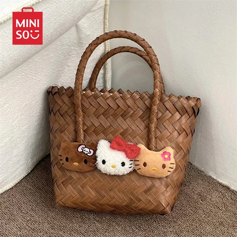 Miniso Black Leather KT Cat Vine Weaving Bag Summer Cute Hello Kitty Mini Handbag Travel Autumn Park Girl Holiday Gift Commuting