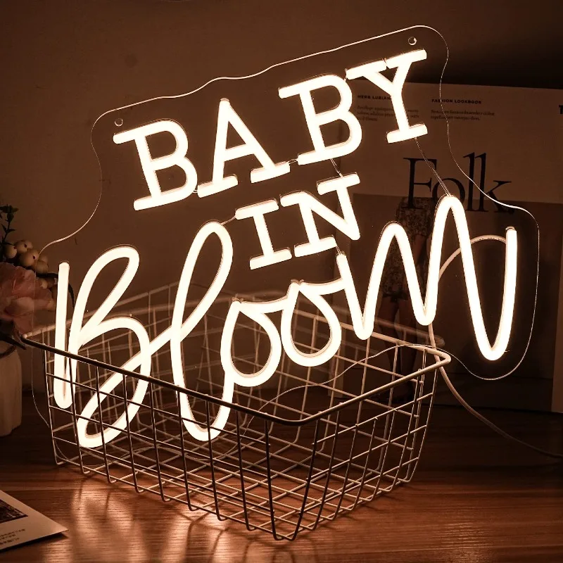 Baby In Bloom-letrero de neón para bebé, luces LED cálidas con letras regulables, alimentadas por USB con interruptor, decoración de fondo para Baby Shower