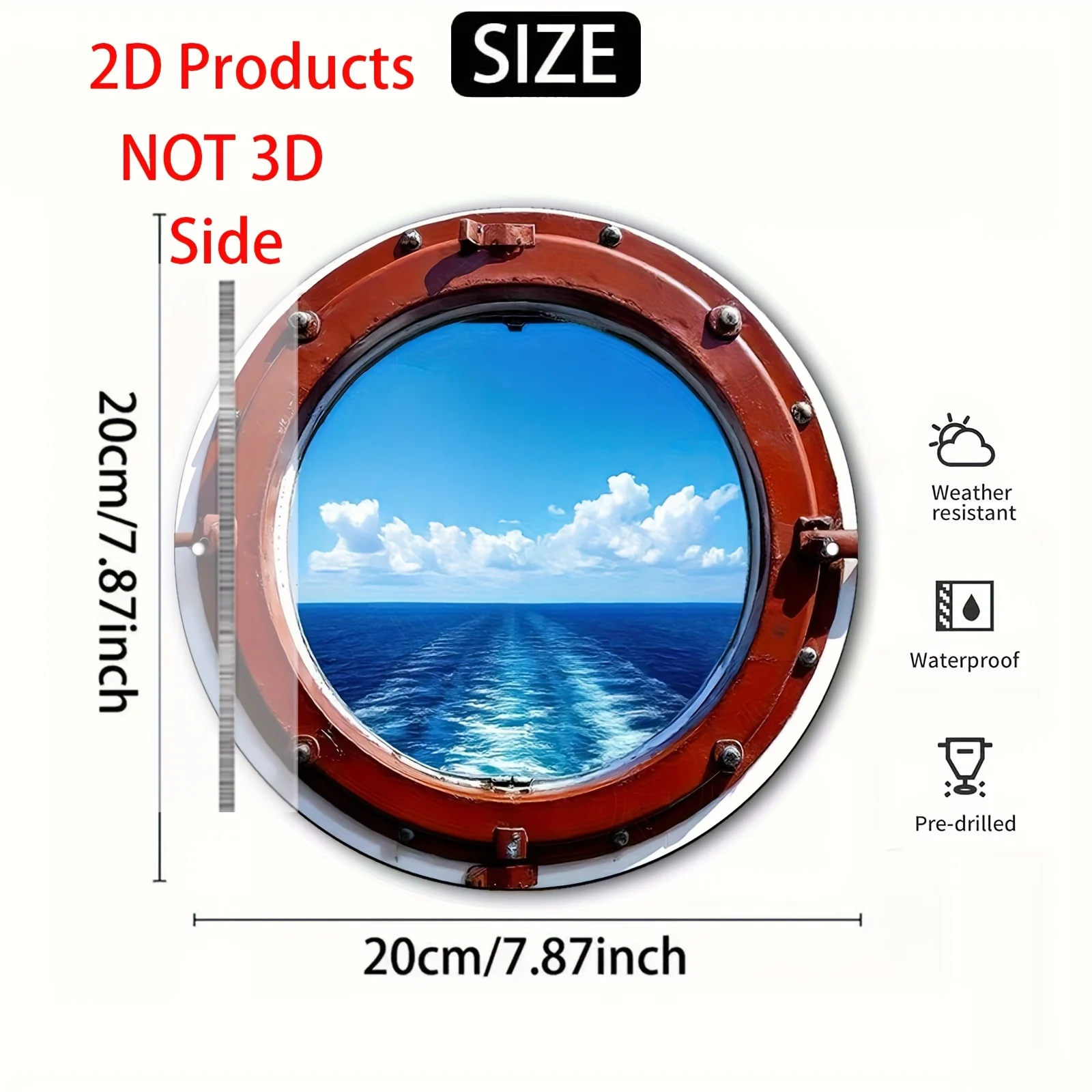 2D Flat - 2D Plane - Vintage Ocean Porthole View Metal Sign - 7.87 inch Round Aluminum Wall Art Featuring a Blue Sky And Ocean S