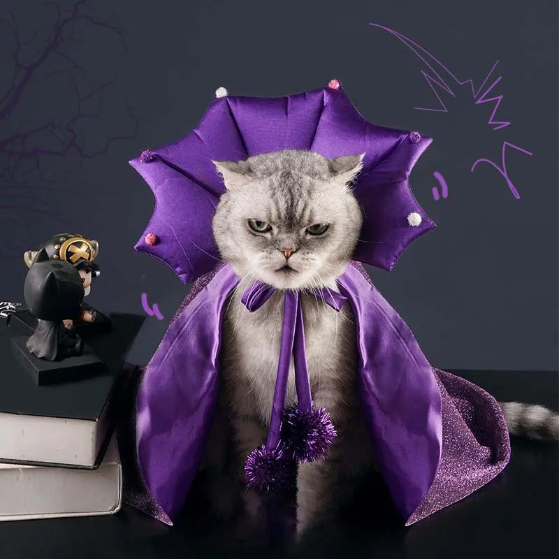 Katzen-Halloween-Kostüm, bequemes Katzen-Zauberer-Outfit, Hexen-Hundekostüm, Katzenumhang, Hexenhut, Halloween-Hundekleidung für S/M Katzen und Hunde