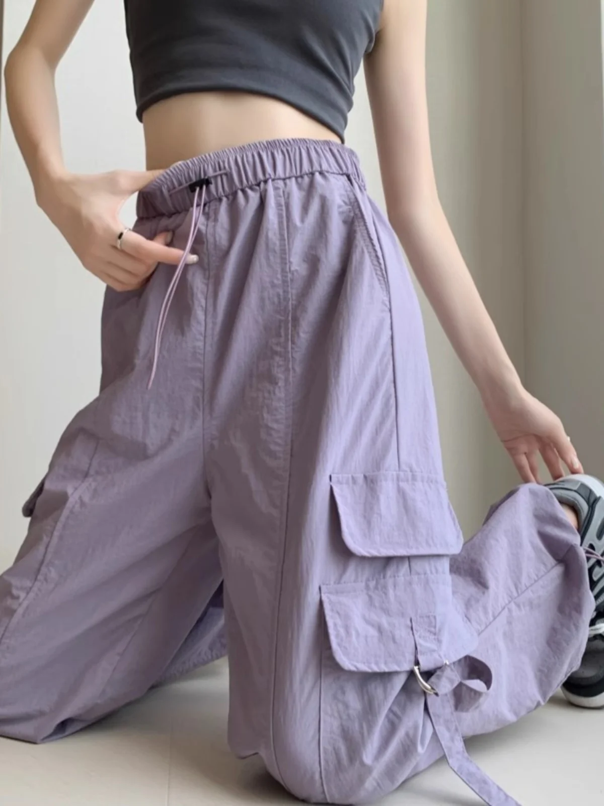 

Casual Hiphop Pleated Draped Work Pants Summer Loose Straight Drapey Couple Wide Leg Trousers High Waist Long Polyester Fiber