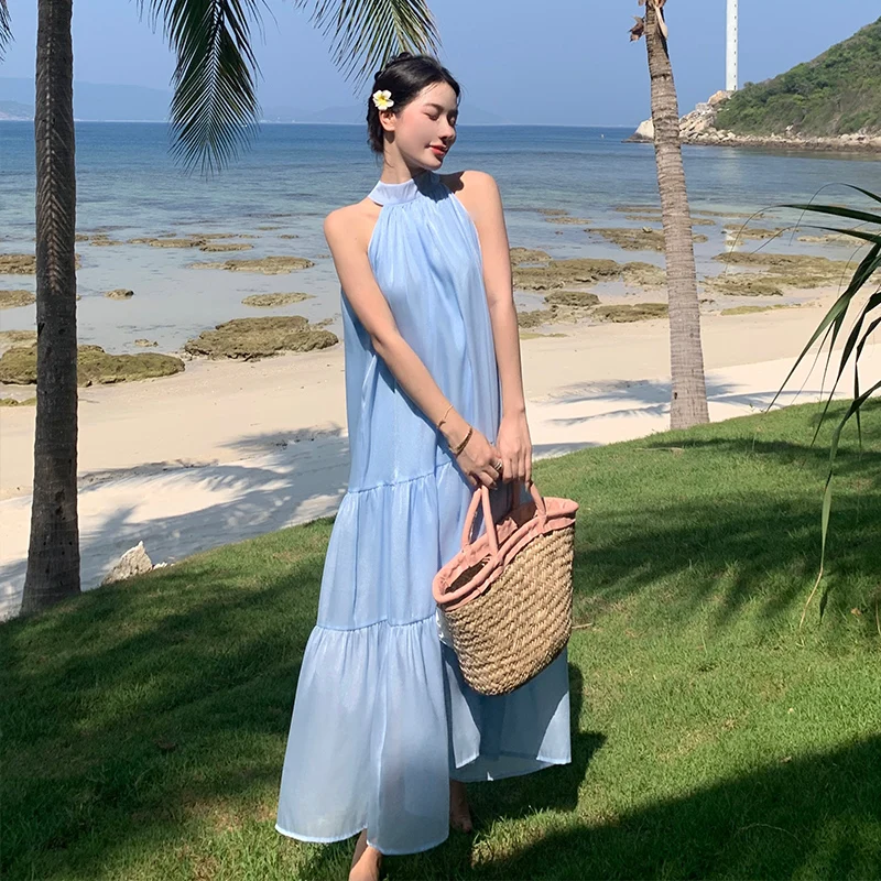Celebrity Bailu Same Style French Gentle Beach Vacation Halter Strap Dress Women Summer New Long Dress