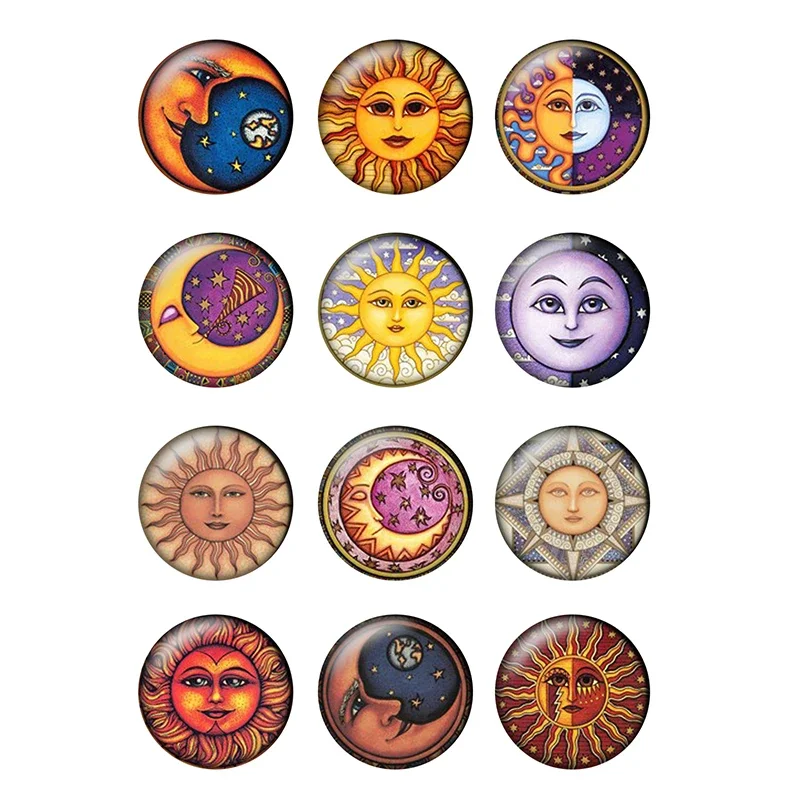 24pcs/lot New Sun and Moon Vintage Patterns Round Glass Cabochon Flat Back Making Findings Snap Button Jewelry H025