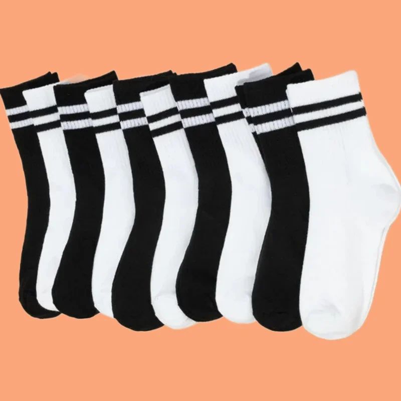 

5/10 Pairs Fashion Women's High Quality Cotton Short Socks High Tube Mid Length Solid Black White Parallel Bars Popular Socks