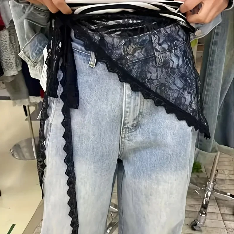 

Women Korean Lace Triangle One-Piece Belted Overlap Head Scarf Lace Skirt Apron Korean Trim Half Skirt Short Skirt Butt Curtain