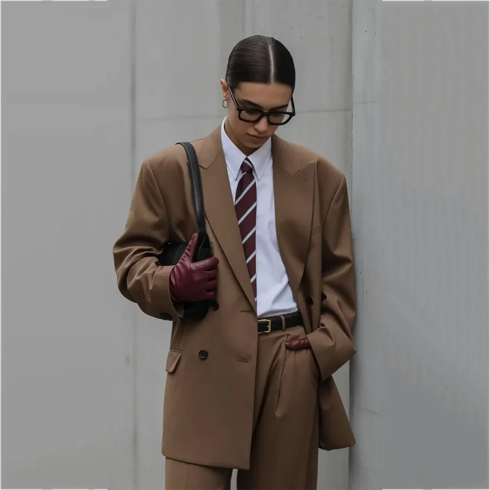 Fashion Brown Women's Suit 2 Pieces Peaked Lapel Double Breasted Elegant Office Lady Outfit Casual Party Streetwear Blazer Set