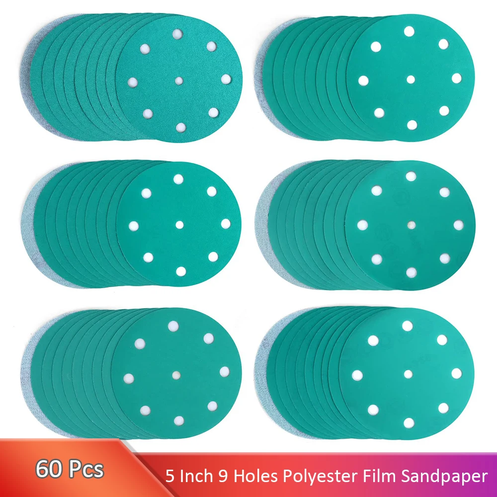 60 Pcs 5 In 9 Hole Sanding Discs Assorted Grit Sandpaper Wet Dry Film Backed Green Line Hook and Loop Use with Random Orbital